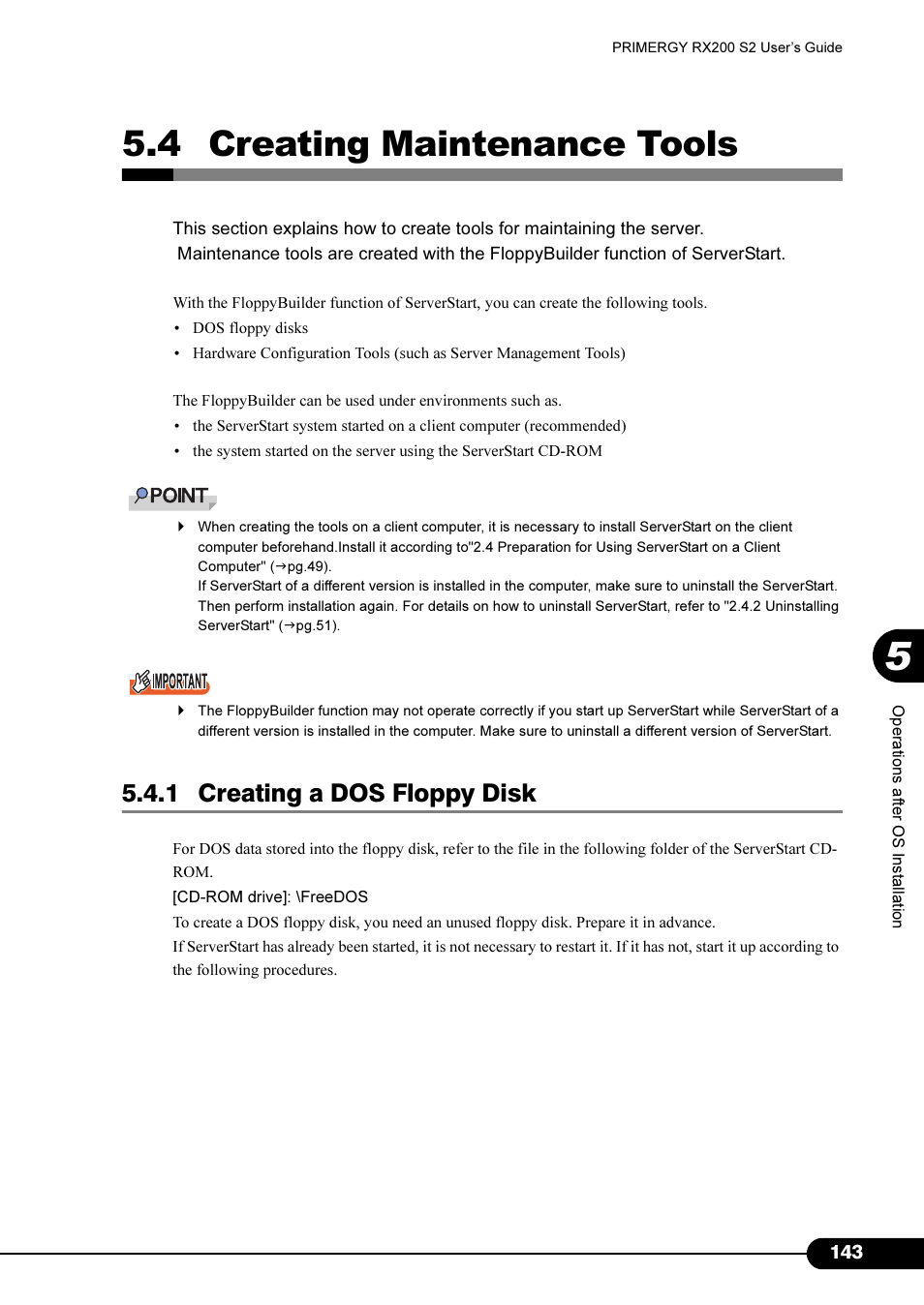 4 creating maintenance tools, 1 creating a dos floppy disk | FUJITSU Primergy RX200 S2 User Manual | Page 143 / 307