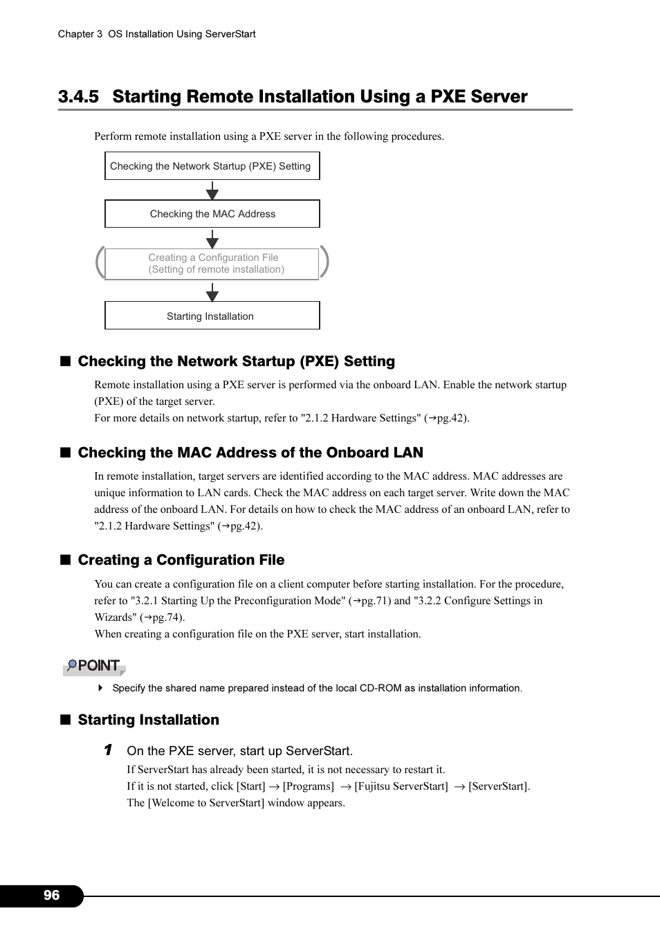 5 starting remote installation using a pxe server, Checking the network startup (pxe) setting, Checking the mac address of the onboard lan | Creating a configuration file, Starting installation | FUJITSU Primergy RX200 S2 User Manual | Page 96 / 307