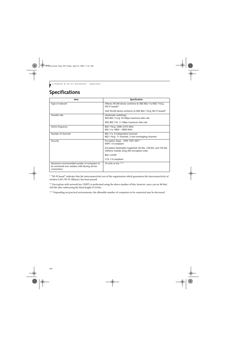 Specifications | FUJITSU B3020D User Manual | Page 111 / 115