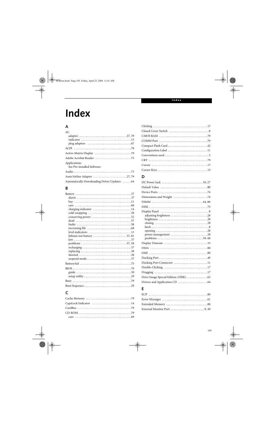 Index | FUJITSU B3020D User Manual | Page 112 / 115