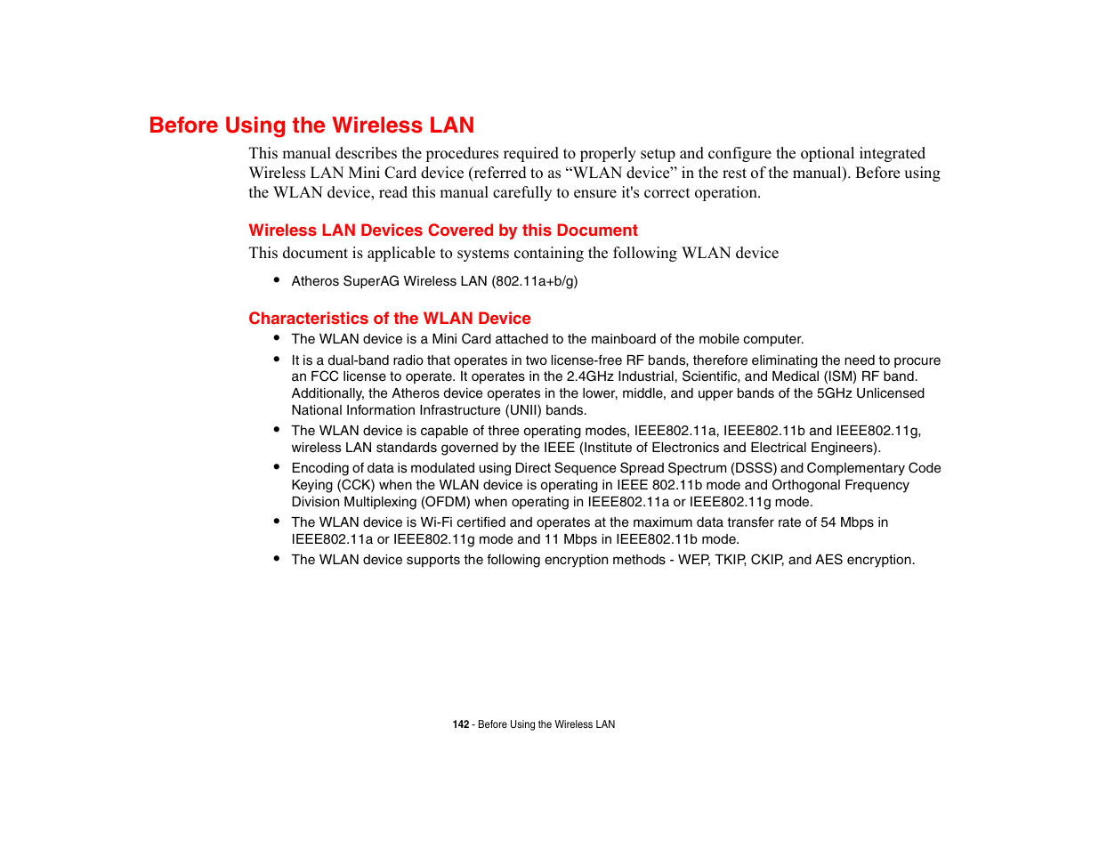 Before using the wireless lan, Wireless lan devices covered by this document, Characteristics of the wlan device | FUJITSU V700 User Manual | Page 147 / 161