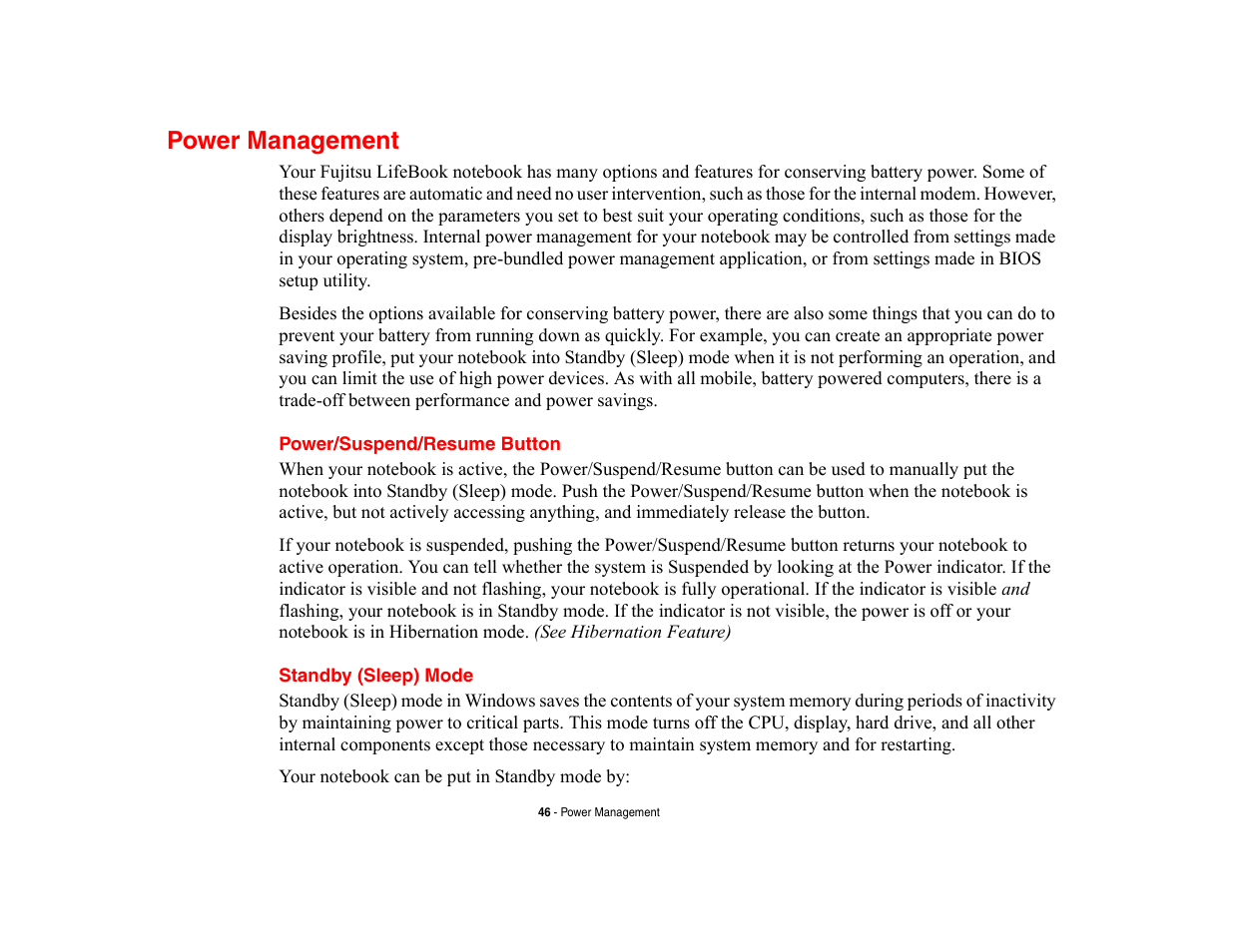 Power management, Power/suspend/resume button, Standby (sleep) mode | Power/suspend/resume button standby (sleep) mode | FUJITSU V700 User Manual | Page 51 / 161