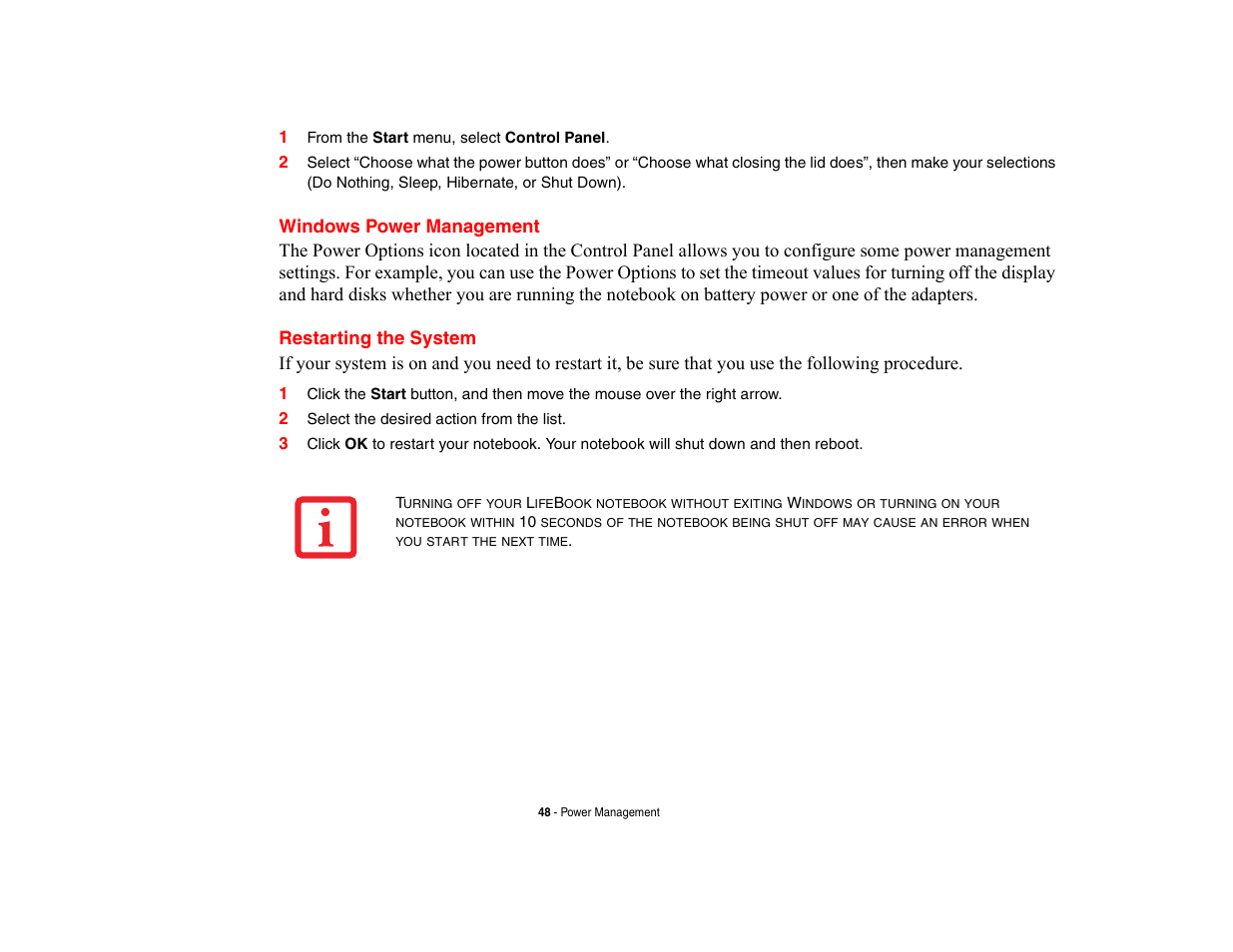 Windows power management, Restarting the system, Windows power management restarting the system | FUJITSU V700 User Manual | Page 53 / 161