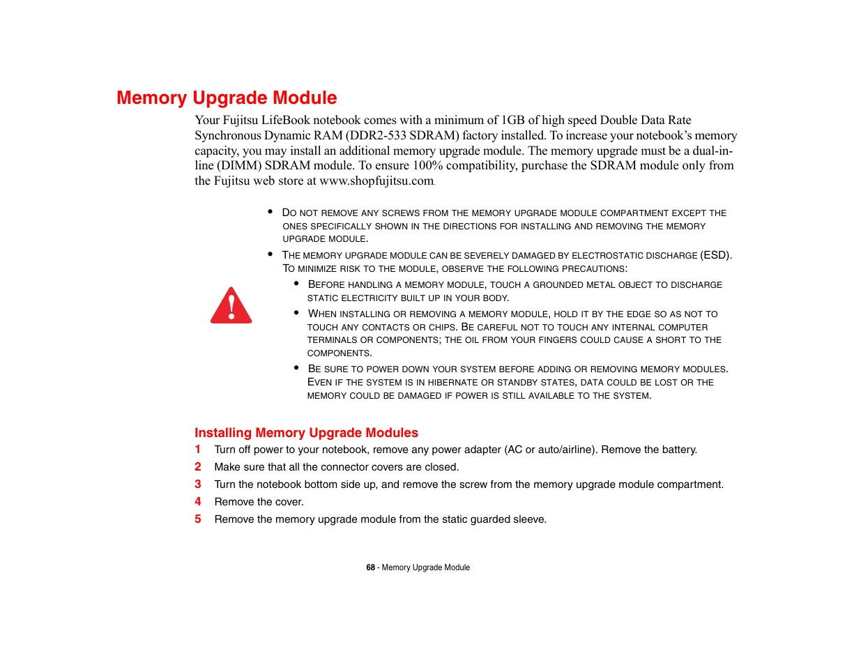 Memory upgrade module, Installing memory upgrade modules | FUJITSU V700 User Manual | Page 73 / 161