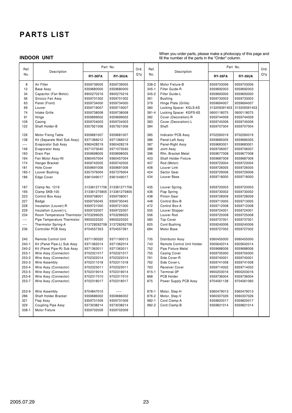 Parts list, Indoor unit | FUJITSU RY-36UA User Manual | Page 24 / 27