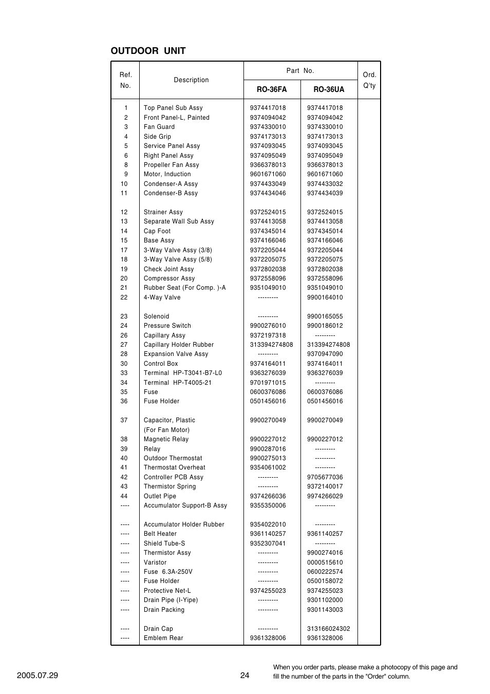 Outdoor unit | FUJITSU RY-36UA User Manual | Page 25 / 27