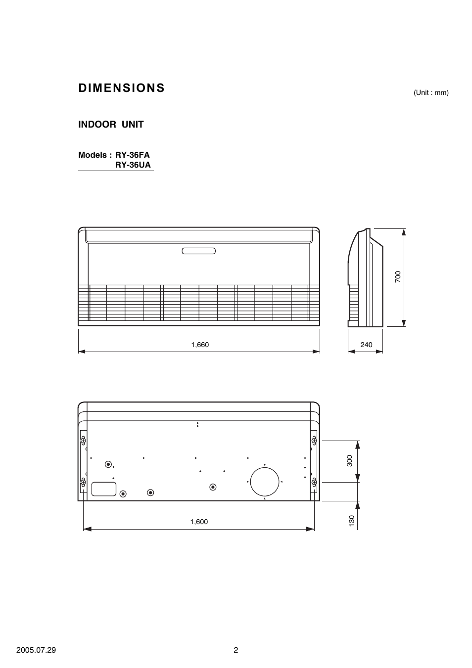 Dimensions, Indoor unit | FUJITSU RY-36UA User Manual | Page 3 / 27