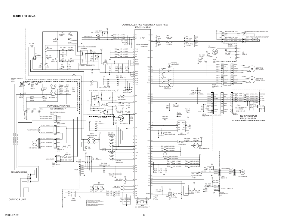 I c 1, Outdoor unit, Indicator pcb ez-097jhse-d | Controller pcb assembly (main pcb) ez-0037hse-c, Power supply pcb ez-002thse-p, 31 f m | FUJITSU RY-36UA User Manual | Page 9 / 27