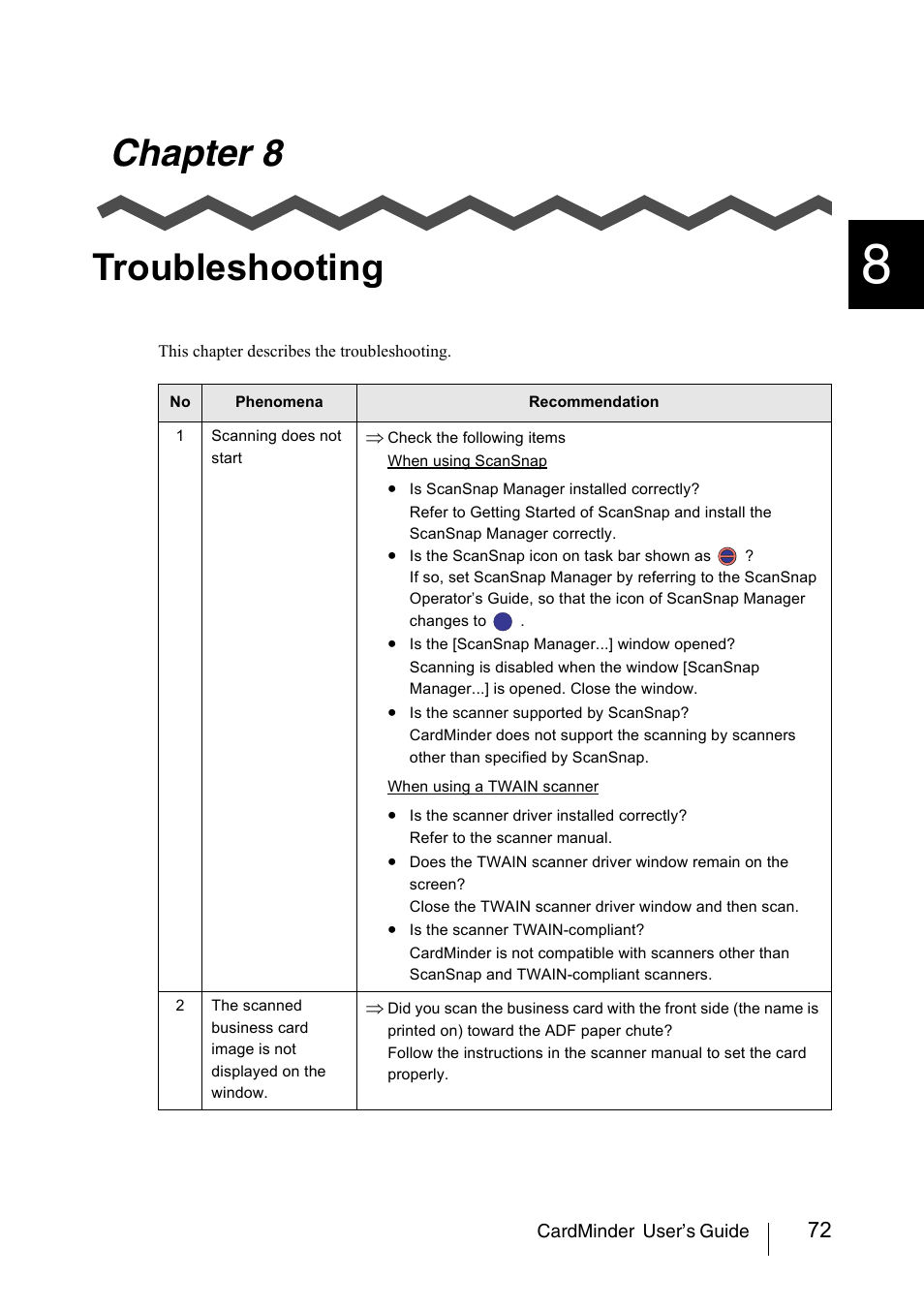 Chapter 8 troubleshooting, Chapter 8, Troubleshooting | FUJITSU CardMinder P3PC-1562-01ENZ0 User Manual | Page 80 / 85