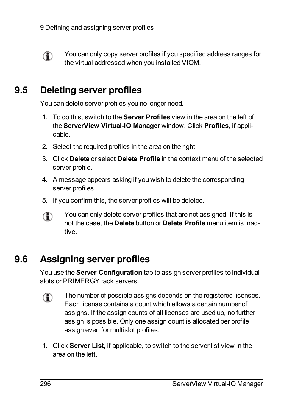 5 deleting server profiles, 6 assigning server profiles, Deleting | FUJITSU ServerView Virtual-IO Manager V3.1 User Manual | Page 296 / 362
