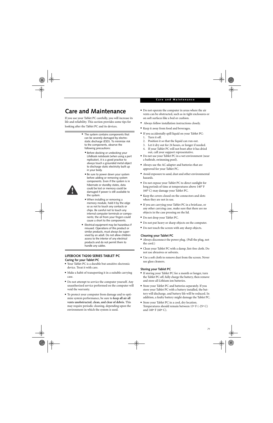 Care and maintenance, Lifebook t4200 series tablet pc | FUJITSU T4220 User Manual | Page 81 / 136