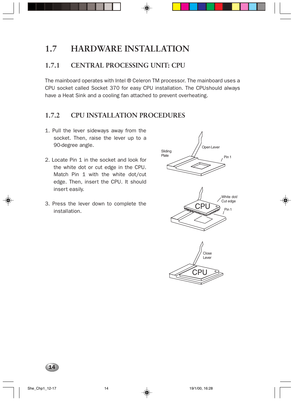 7 hardware installation, 1 central processing unit: cpu, 2 cpu installation procedures | FUJITSU 2000 User Manual | Page 28 / 66