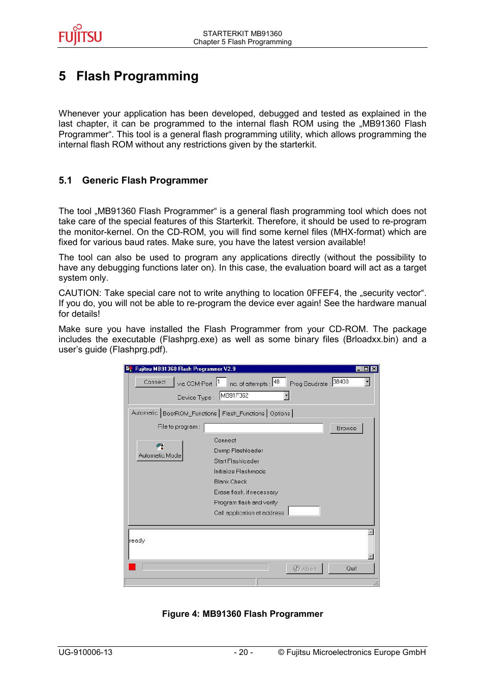 Flash programming, Generic flash programmer, 5 flash programming | FUJITSU MB91360 User Manual | Page 20 / 43