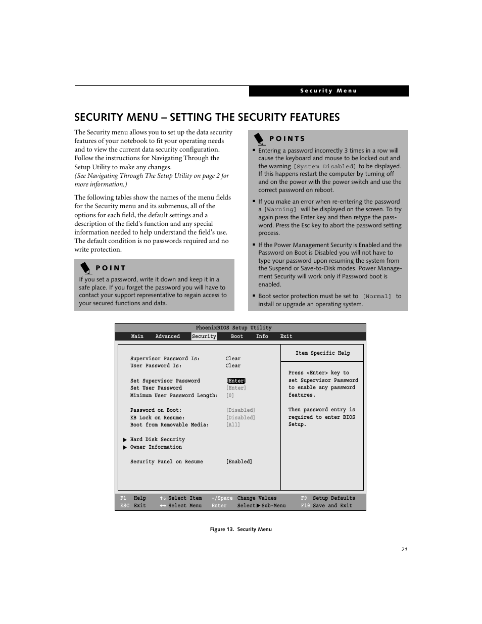 Security menu – setting the security features | FUJITSU E7110 User Manual | Page 21 / 28