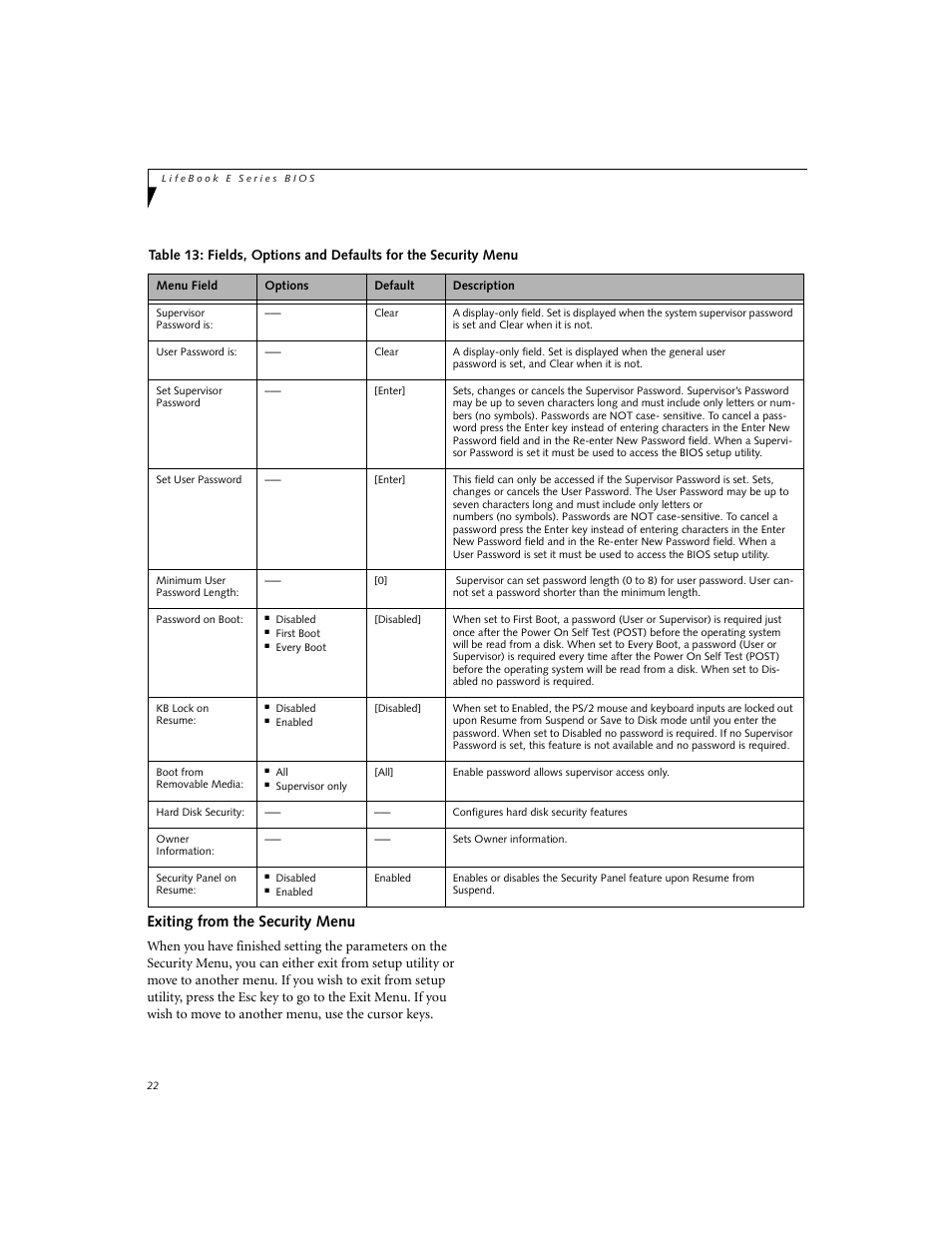 Exiting from the security menu | FUJITSU E7110 User Manual | Page 22 / 28