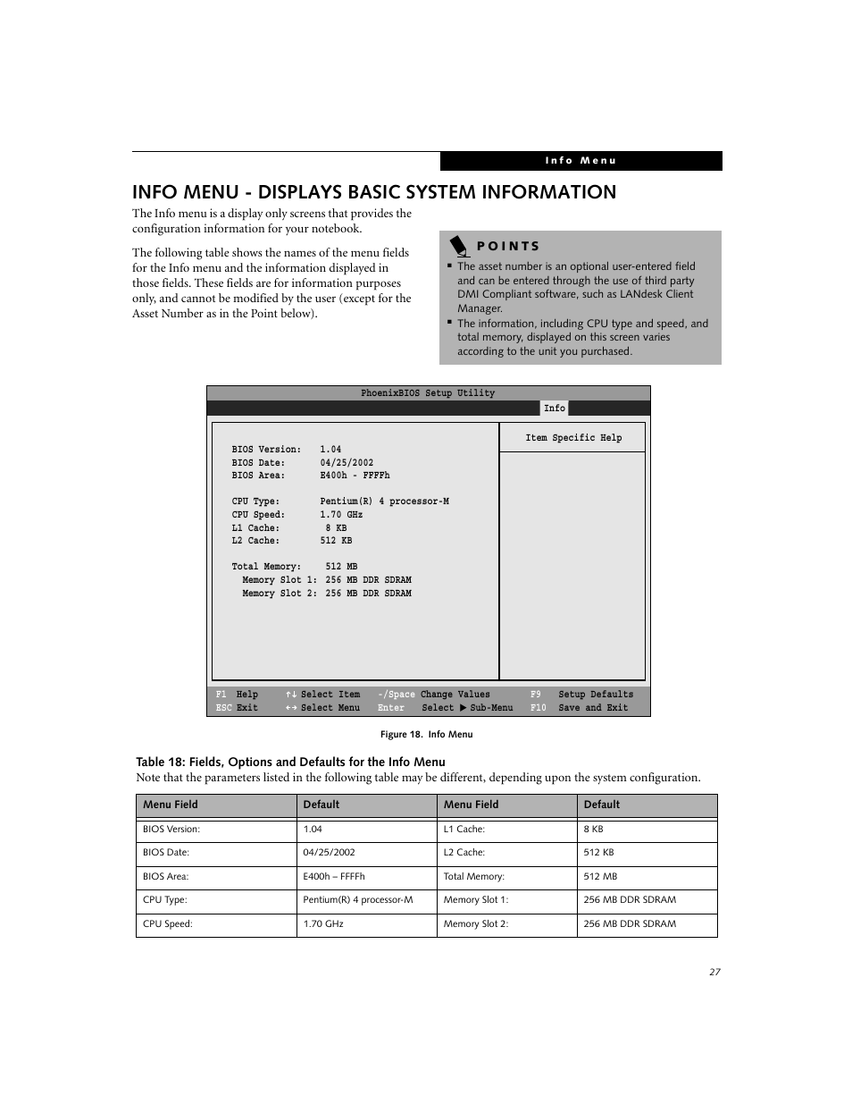 Info menu - displays basic system information | FUJITSU E7110 User Manual | Page 27 / 28