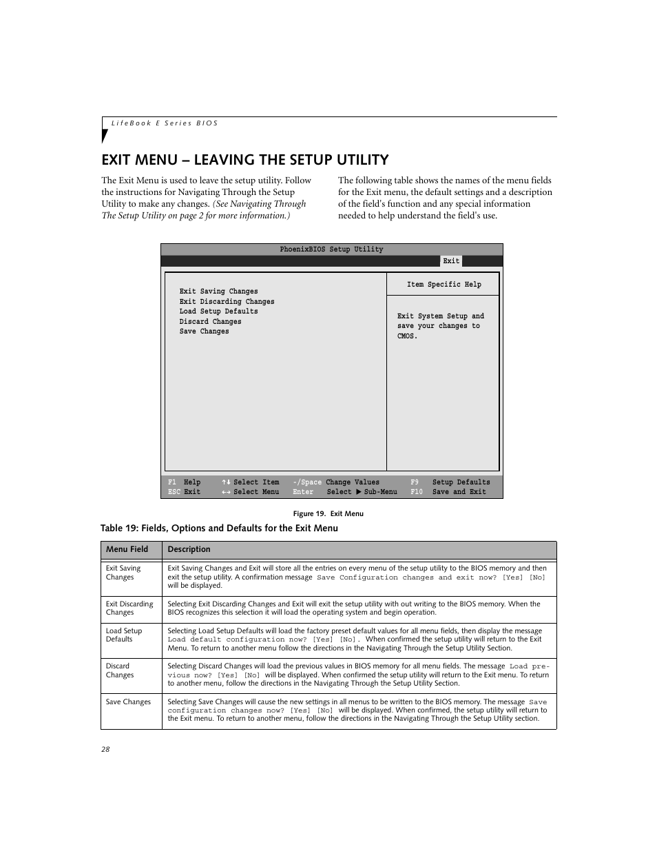 Exit menu – leaving the setup utility | FUJITSU E7110 User Manual | Page 28 / 28