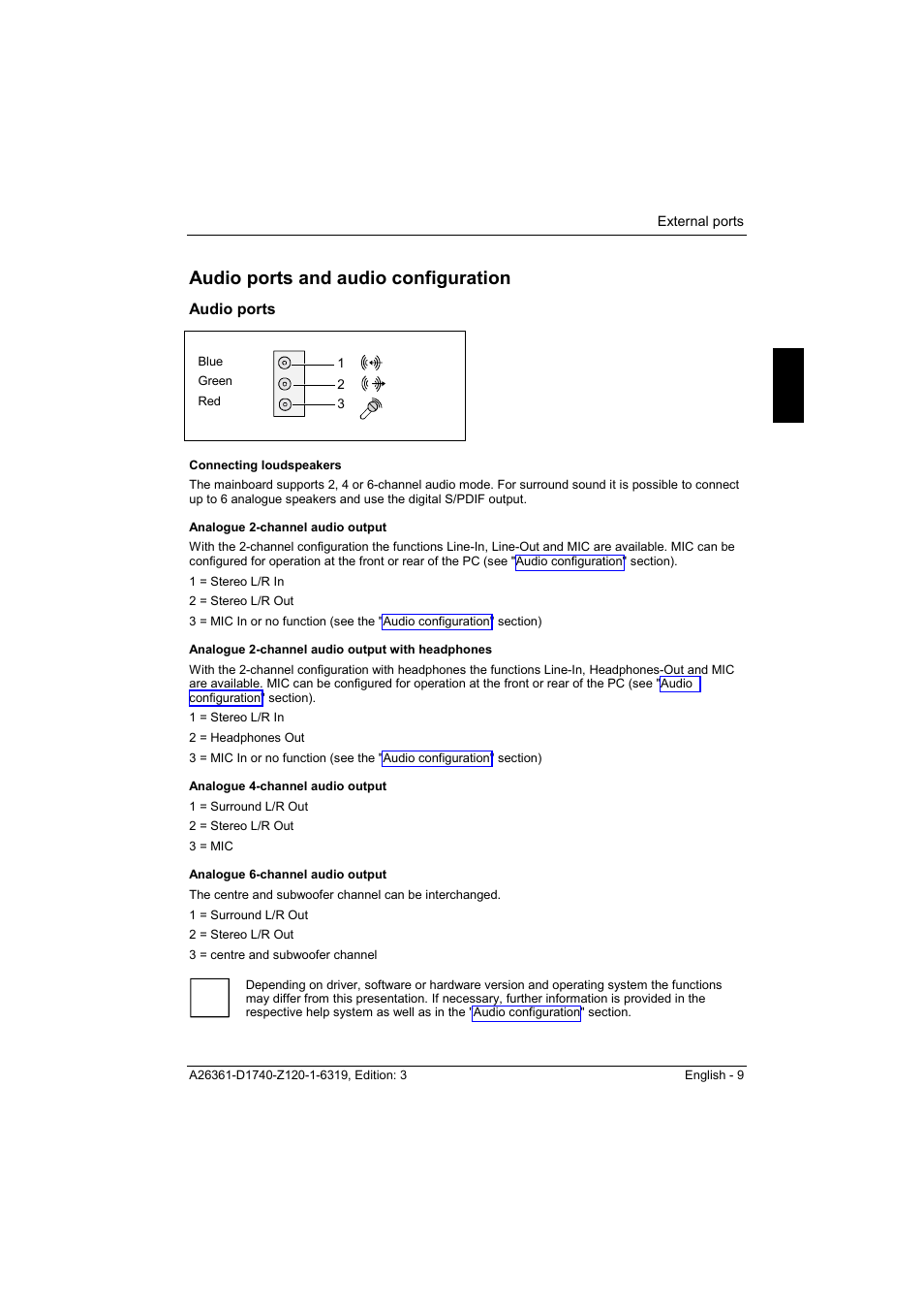 Audio ports and audio configuration, Audio ports, Connecting loudspeakers | Analogue 2-channel audio output, Analogue 2-channel audio output with headphones, Analogue 4-channel audio output, Analogue 6-channel audio output | FUJITSU answers^2 D1740 User Manual | Page 19 / 43