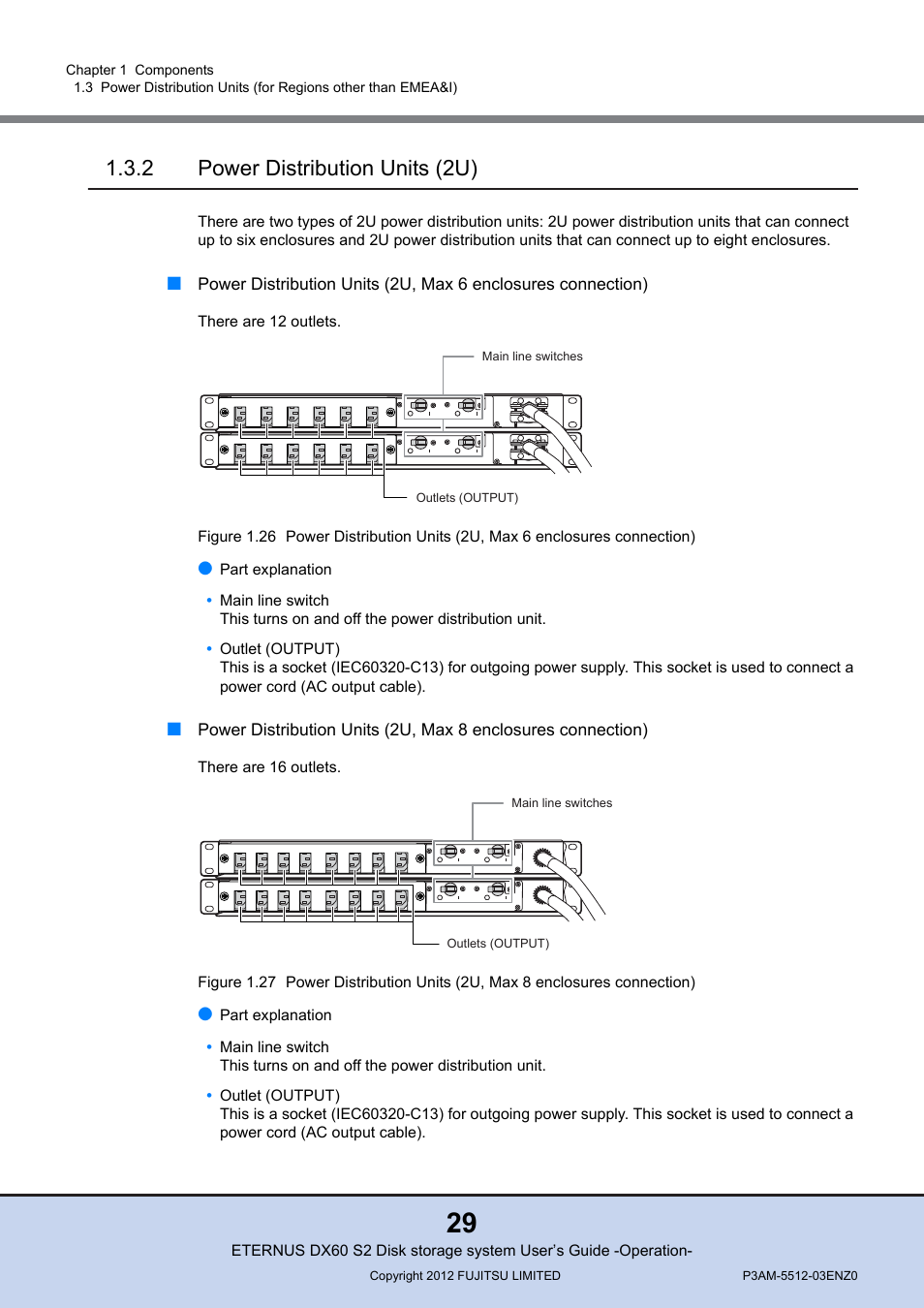 2 power distribution units (2u), Power distribution units (2u) | FUJITSU Disk Storage System DX60 User Manual | Page 29 / 122