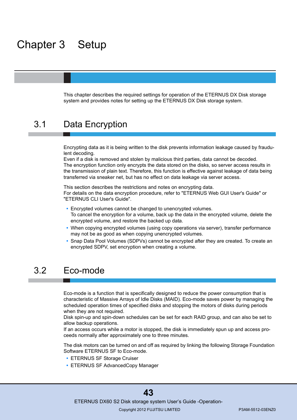 Chapter 3 setup, 1 data encryption, 2 eco-mode | Chapter 3, Setup, Data encryption, Eco-mode | FUJITSU Disk Storage System DX60 User Manual | Page 43 / 122