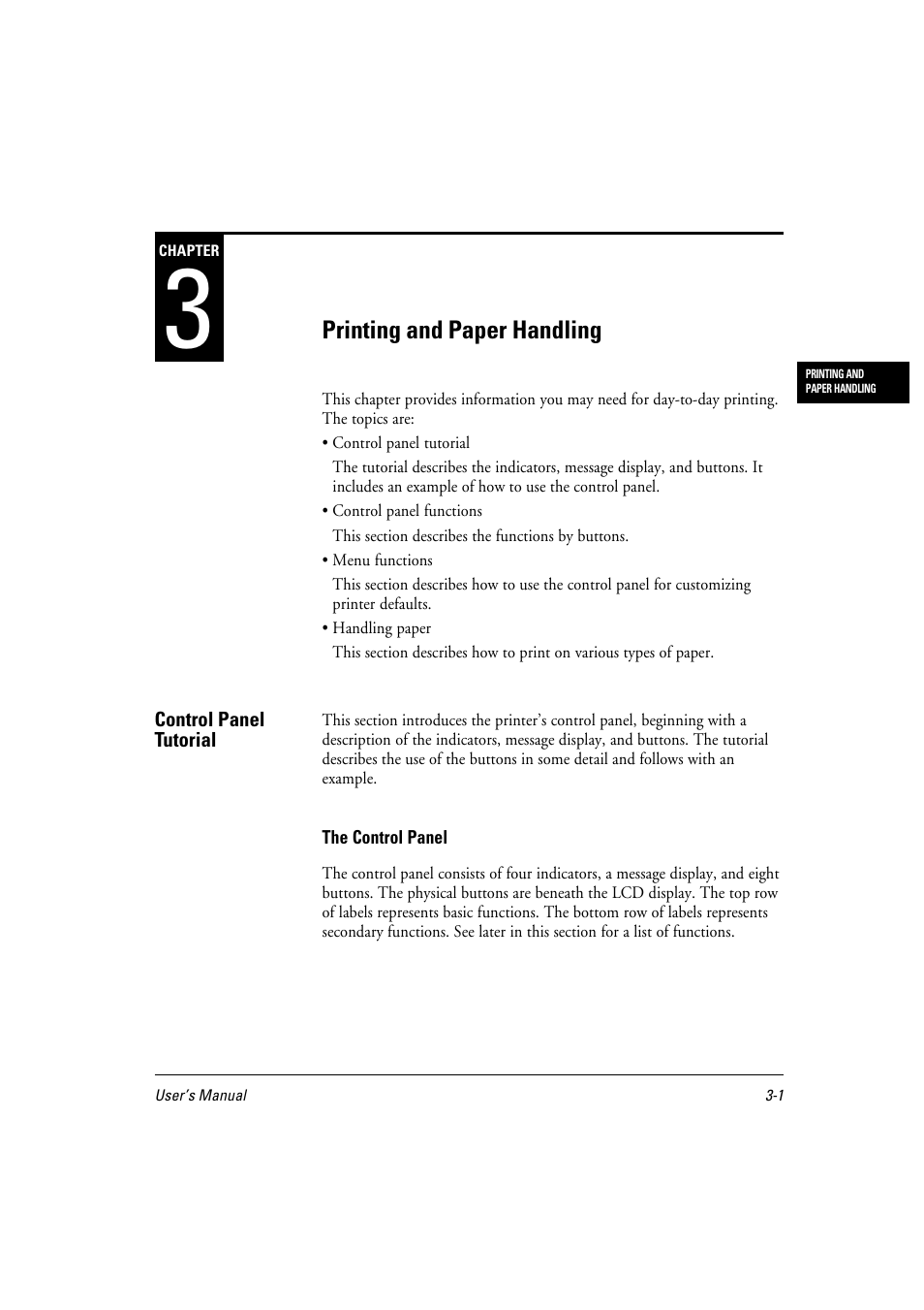 Chapter 3, The control panel –1, Indicators –2 message display –3 buttons –3 | Control panel functions –5, Menu functions –12, Menu items –16 handling paper –19, Paper types and sizes –19 | FUJITSU 10 ppm User Manual | Page 46 / 146