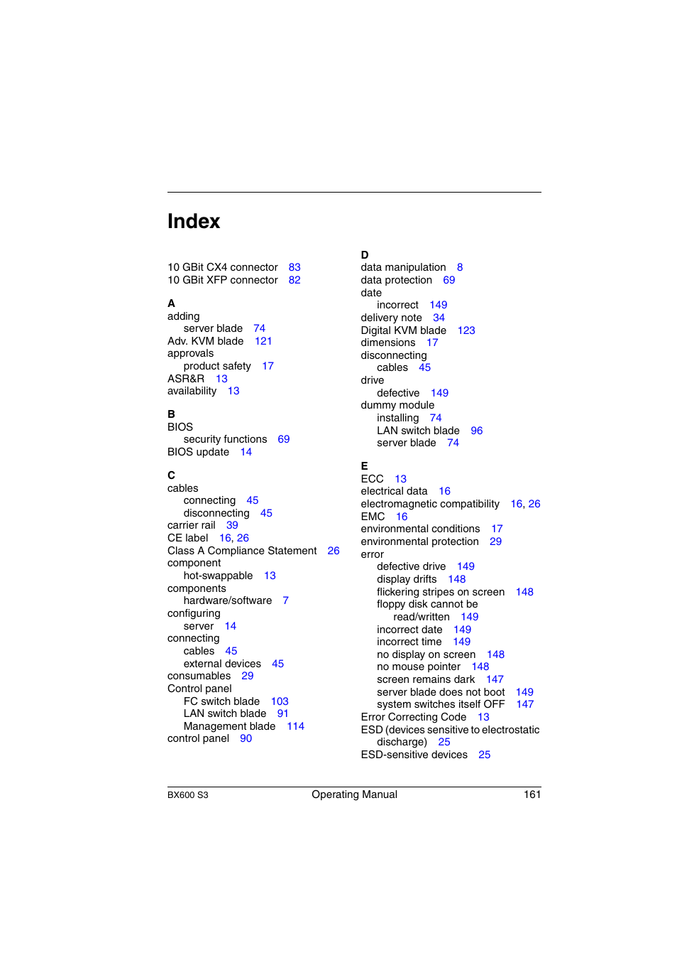 Index | FUJITSU PRIMERGY BX600 S3 User Manual | Page 161 / 164