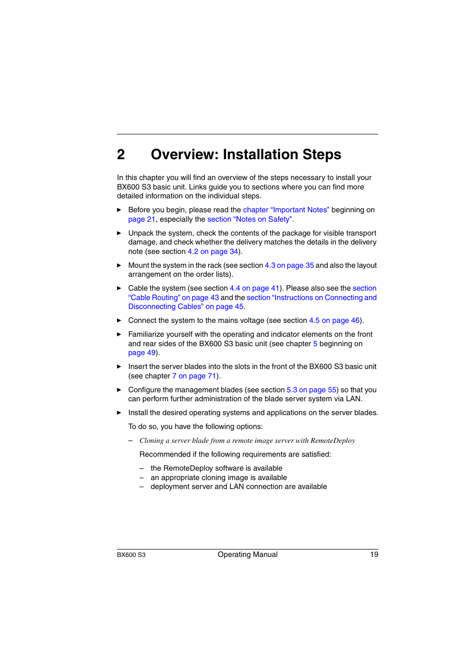 Overview: installation steps, 2overview: installation steps | FUJITSU PRIMERGY BX600 S3 User Manual | Page 19 / 164