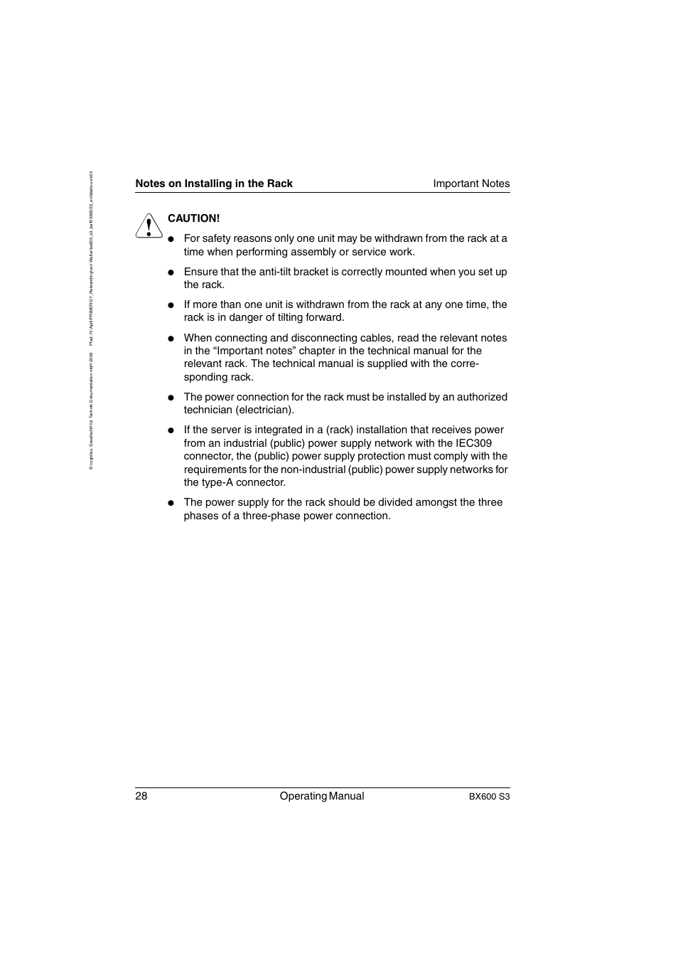28 operating manual, Caution, Bx600 s3 | FUJITSU PRIMERGY BX600 S3 User Manual | Page 28 / 164