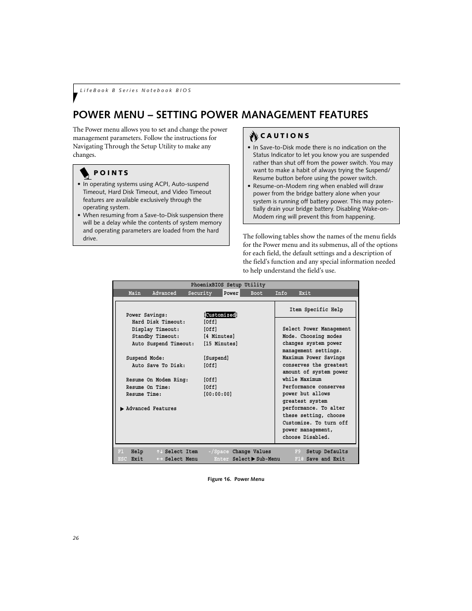 Setting power management features, Power menu – setting power management features | FUJITSU B2620 User Manual | Page 26 / 34