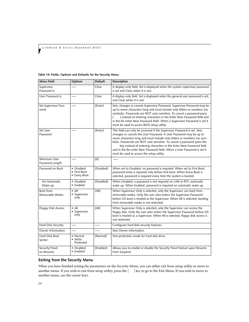 Exiting from the security menu | FUJITSU B2630 User Manual | Page 24 / 31