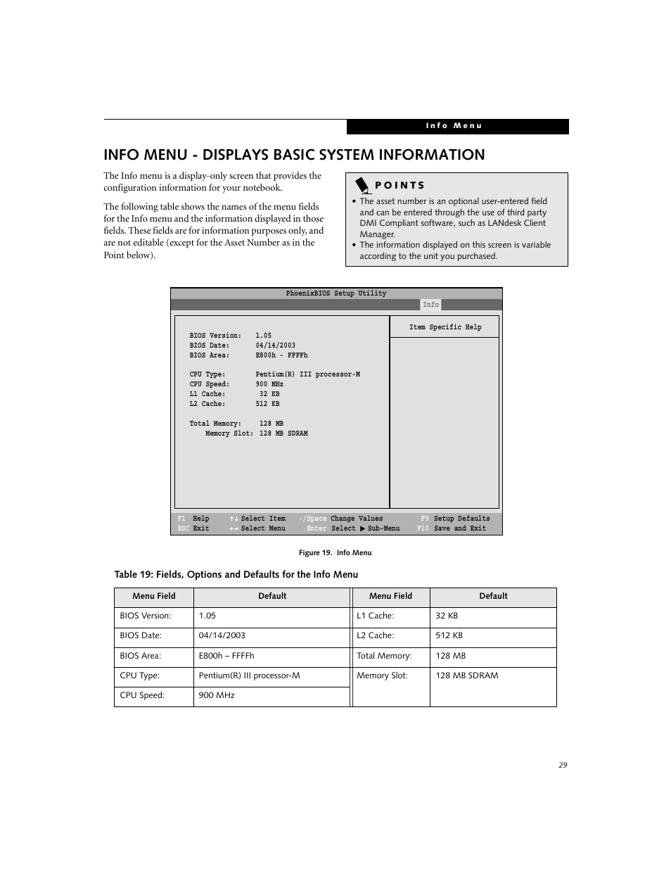 Displays basic system information, Info menu - displays basic system information | FUJITSU B2630 User Manual | Page 29 / 31