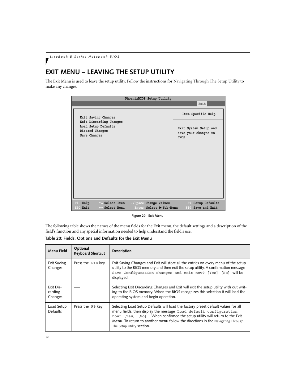 Leaving the setup utility, Exit menu – leaving the setup utility | FUJITSU B2630 User Manual | Page 30 / 31