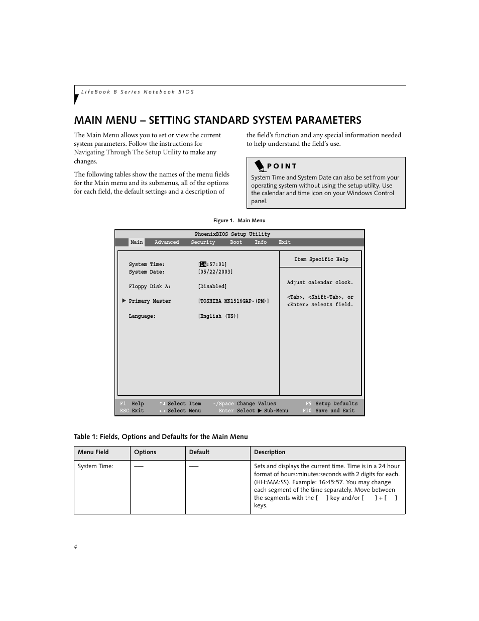Setting standard system parameters, Main menu – setting standard system parameters | FUJITSU B2630 User Manual | Page 4 / 31