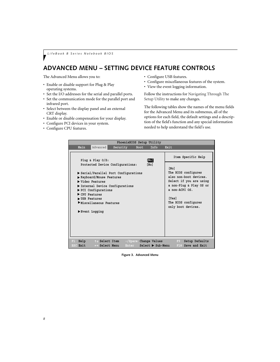 Setting device feature controls, Advanced menu – setting device feature controls | FUJITSU B2630 User Manual | Page 8 / 31