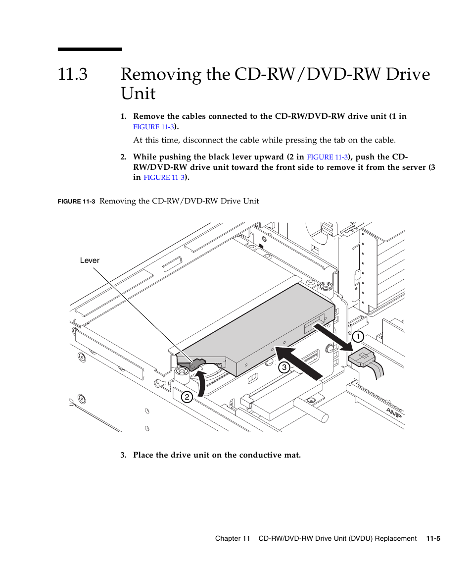3 removing the cd-rw/dvd-rw drive unit, Removing the cd-rw/dvd-rw drive unit | FUJITSU SPARC Enterprise Server M3000 User Manual | Page 139 / 202