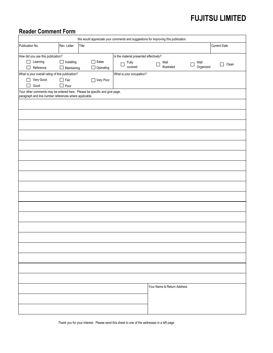 Comment form, 5hdghu&rpphqw)rup | FUJITSU MPG3XXXAH User Manual | Page 194 / 195