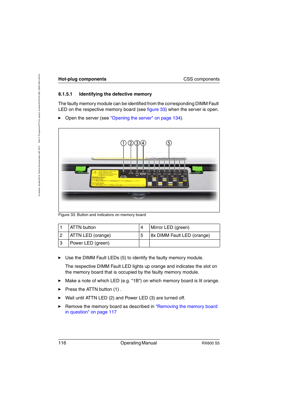 Identifying the defective memory, 116 operating manual, Hot-plug components css components | Rx600 s5 | FUJITSU PRIMERGY RX600 S5 User Manual | Page 116 / 148
