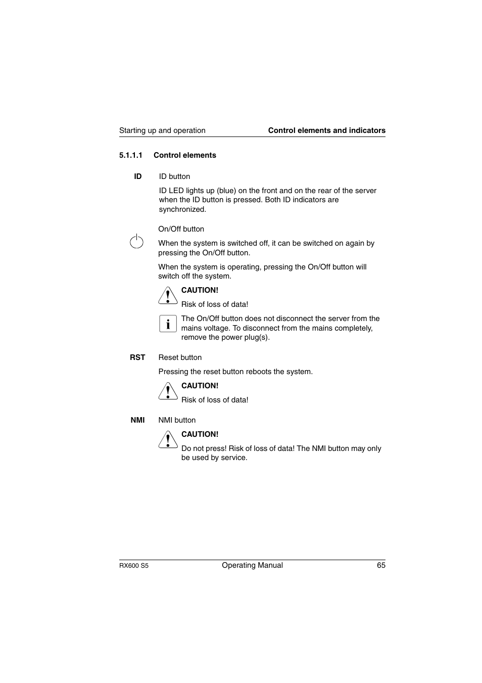 Control elements | FUJITSU PRIMERGY RX600 S5 User Manual | Page 65 / 148