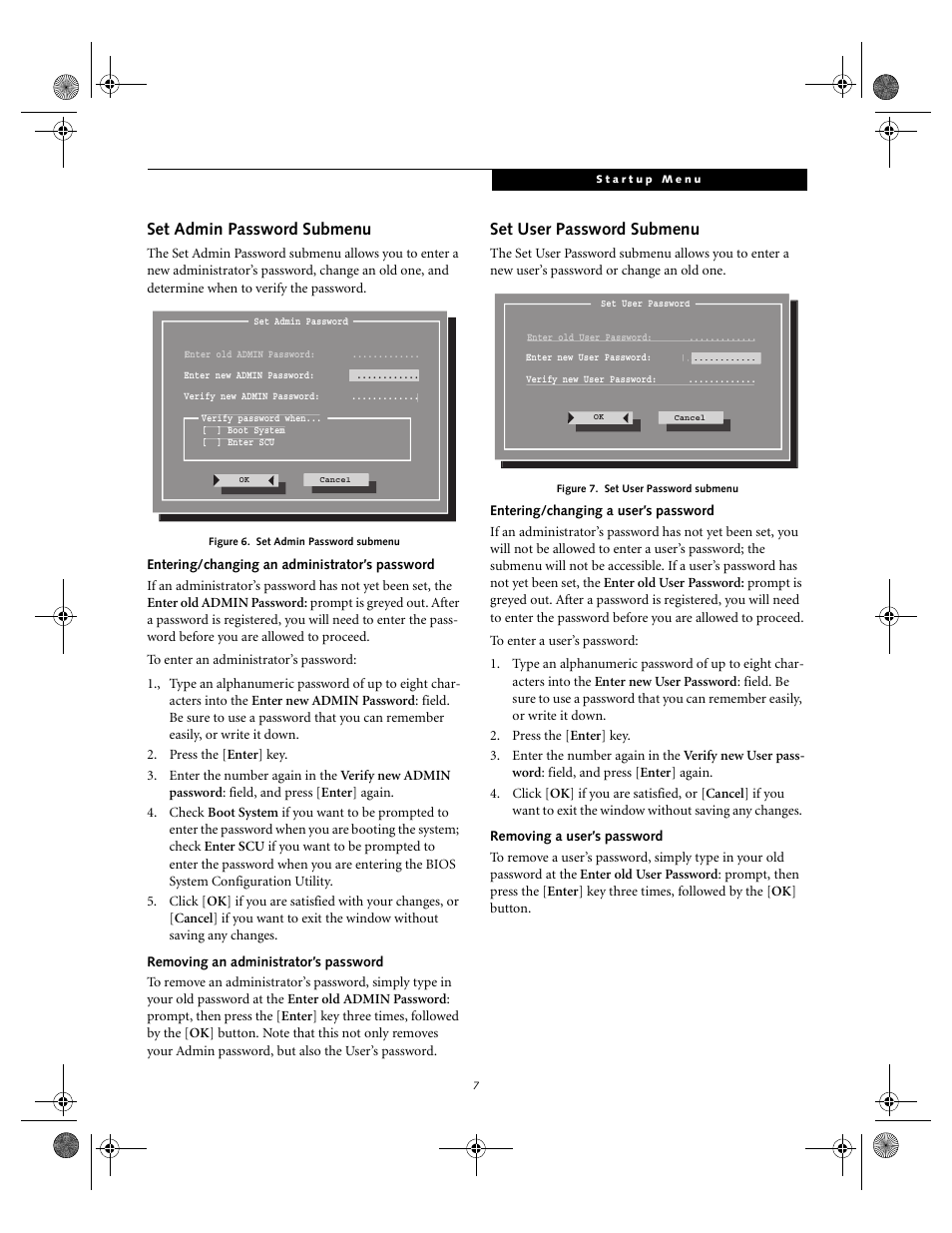 Set admin password submenu, Set user password submenu | FUJITSU A1010 User Manual | Page 7 / 14