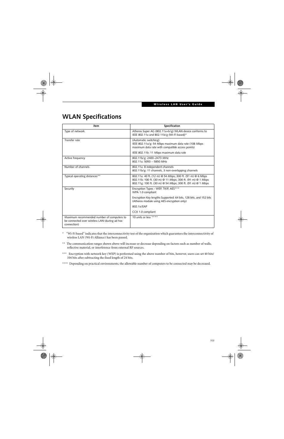 Wlan specifications | FUJITSU B6220 User Manual | Page 111 / 128