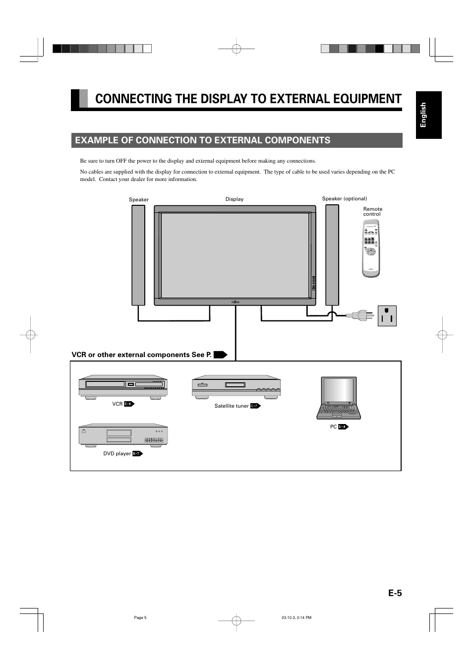 Connecting the display to external equipment, Example of connection to external components | FUJITSU P42VHA30W User Manual | Page 14 / 43