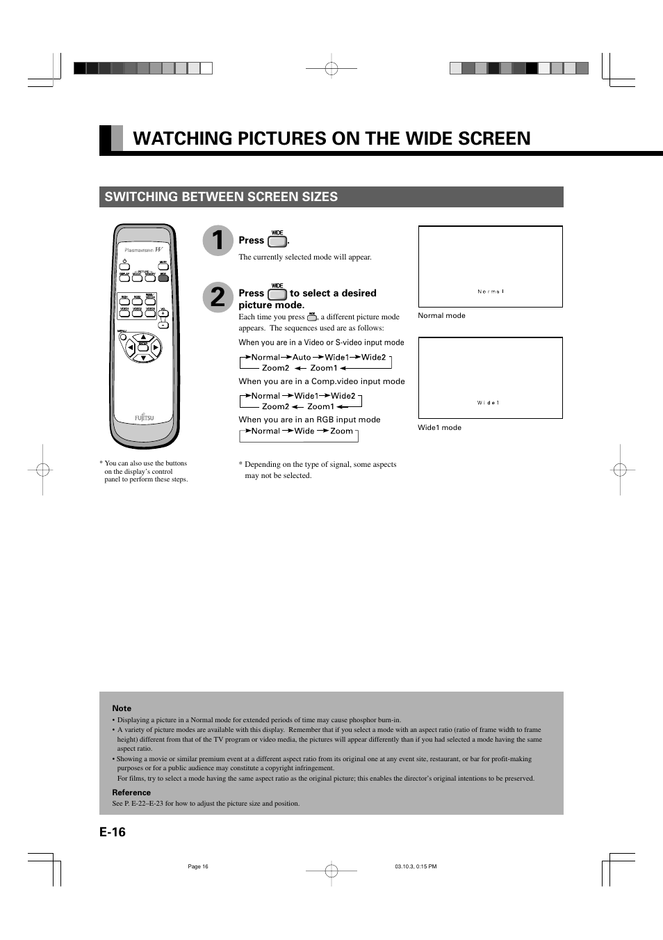 Watching pictures on the wide screen, E-16, Switching between screen sizes | FUJITSU P42VHA30W User Manual | Page 25 / 43