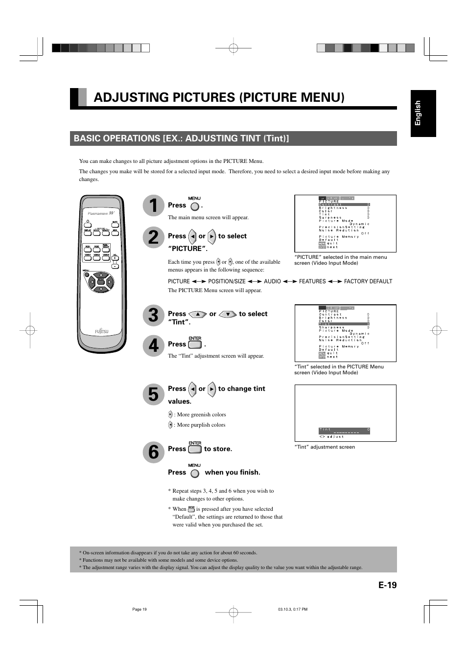 Adjusting pictures (picture menu) | FUJITSU P42VHA30W User Manual | Page 28 / 43