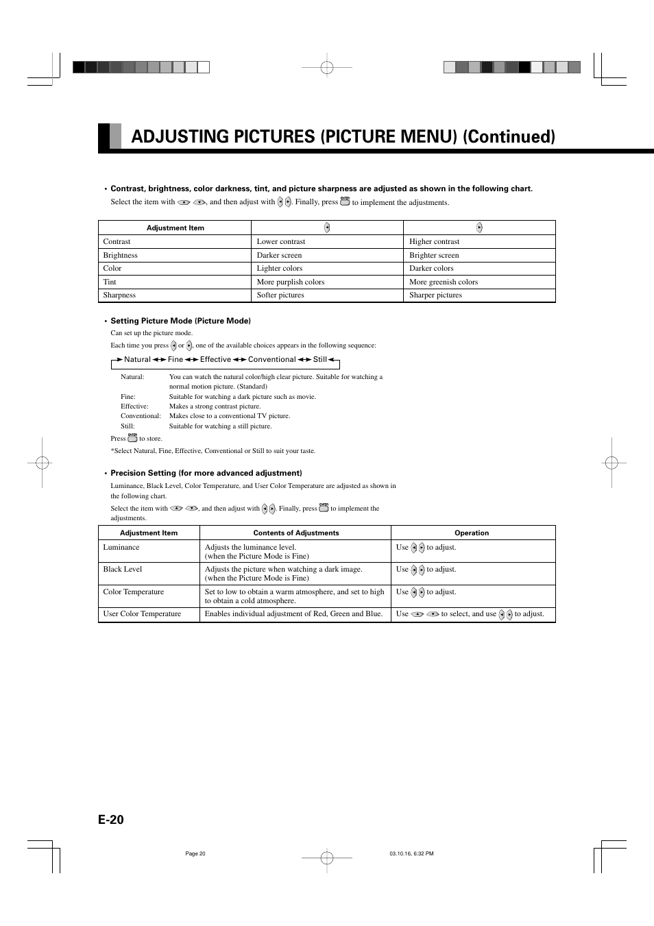 Adjusting pictures (picture menu) (continued), E-20 | FUJITSU P42VHA30W User Manual | Page 29 / 43