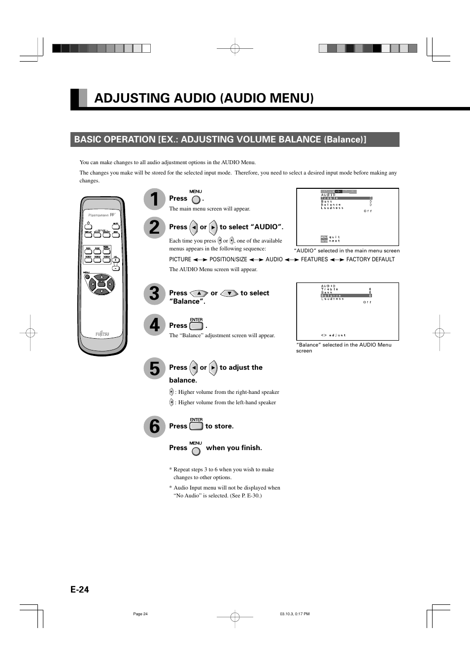 Adjusting audio (audio menu) | FUJITSU P42VHA30W User Manual | Page 33 / 43