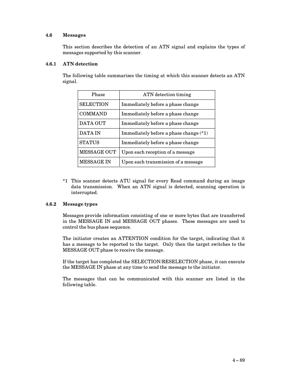6 messages, 1 atn detection, 2 message types | Messages, Atn detection, Message types | FUJITSU M3097G User Manual | Page 114 / 163