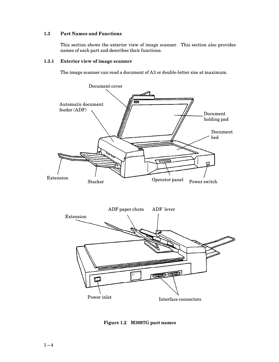 3 part names and functions, 1 exterior view of image scanner, Part names and functions | Exterior view of image scanner, M3097g part names $ 4 | FUJITSU M3097G User Manual | Page 13 / 163