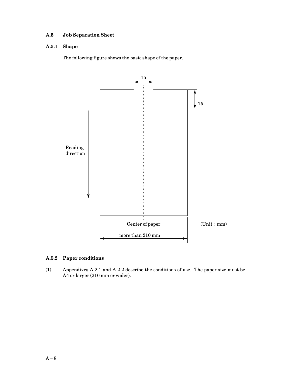 A.5 job separation sheet, A.5.1 shape, A.5.2 paper conditions | Job separation sheet, A $ 8, A.5.1, Shape, A.5.2, Paper conditions | FUJITSU M3097G User Manual | Page 141 / 163