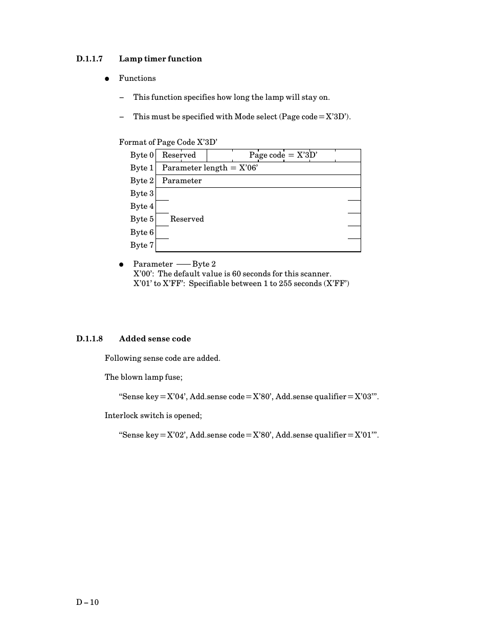 D.1.1.7 lamp timer function, D.1.1.8 added sense code, D $ 10 | FUJITSU M3097G User Manual | Page 155 / 163