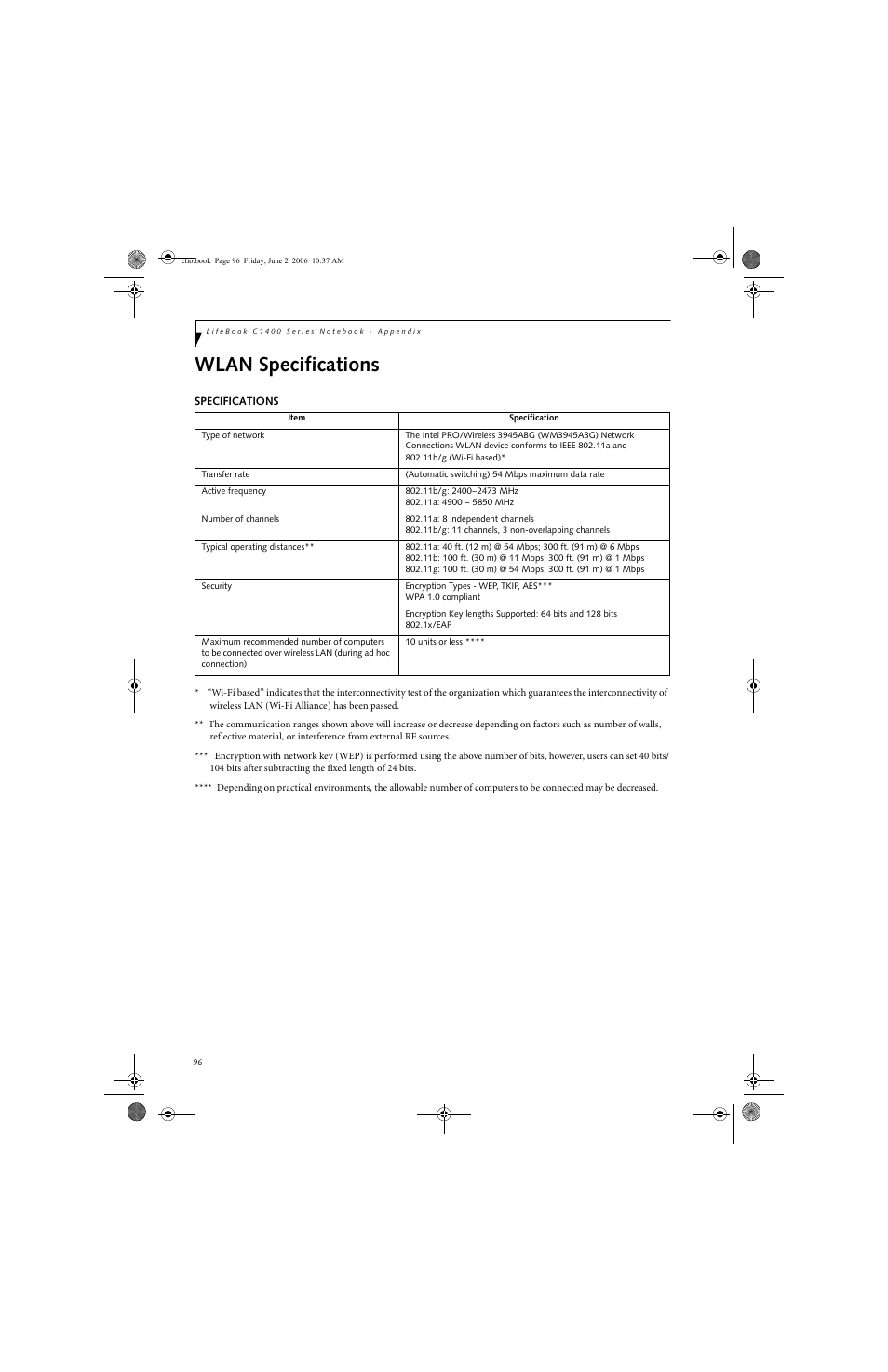 Wlan specifications | FUJITSU C1410 User Manual | Page 106 / 112